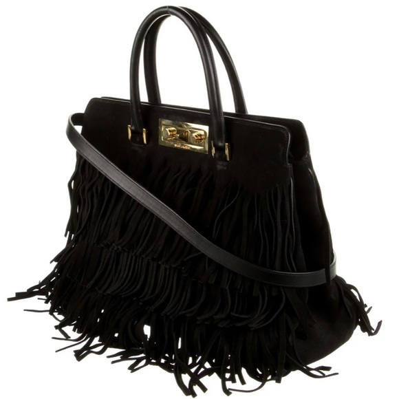 SAINT LAURENT ELEGANT BLACK Suede Layers of Fringes lined Beautifully with Gold - Picture 2 of 16